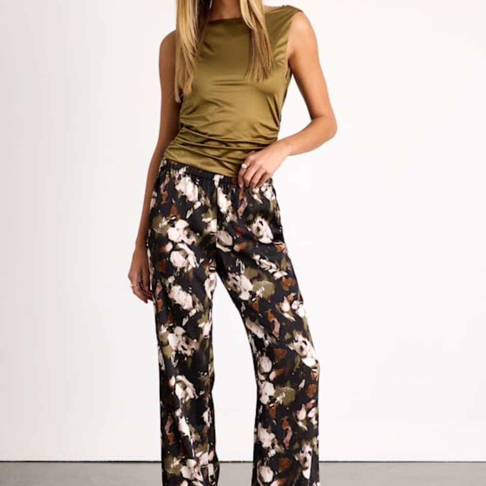 Lulus Moreau Black Satin Abstract Print Wide-leg Pants - Size XL